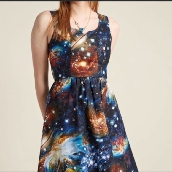 ModCloth Galaxy Space Universe Solar System Fit Flare Dress Pockets Retro Size S - Picture 4 of 14